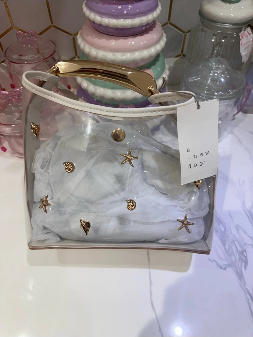 A new day Clear Tote with White Trim and Gold Accents